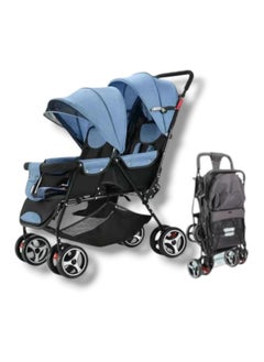 Generic BABY TWIN FOLDABLE STROLLER WITH 2 SEAT ADJUSTABLE PRAM SKY BLUE  - Image 1