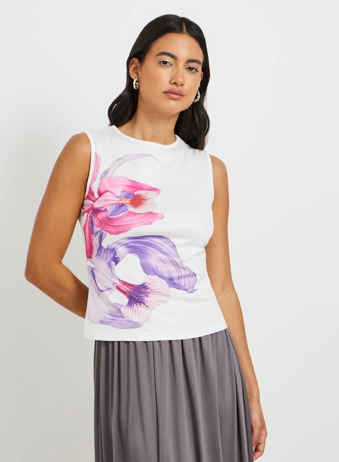 تايك تو بلوزة بدون أكمام بطبعة زهور ورقبة دائرية