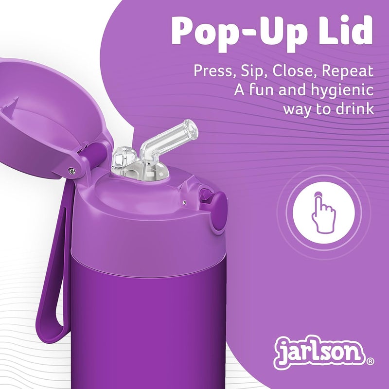 Jarlson قارورة مياه أطفال جارلسون® شارلي [12 أونصة] - قارورة ترمس فولاذية مقاومة للصدأ مع قشة - قارورة مياه معزولة مقاومة للانسكاب للمدرسة والرياضة - كوب ترمس للأولاد والبنات (أرجواني) - Image 4