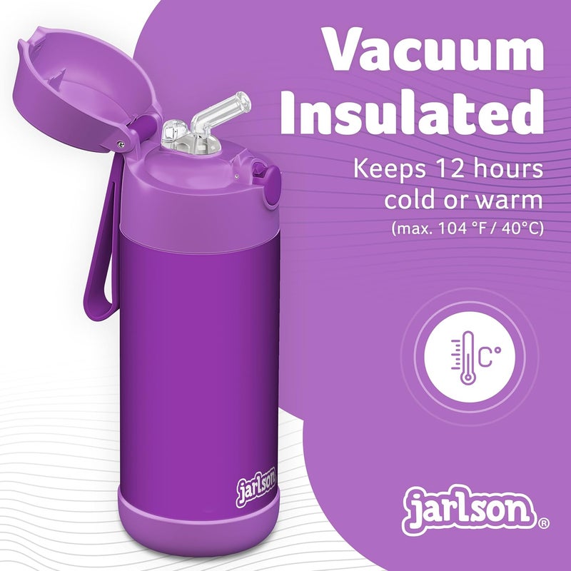 Jarlson قارورة مياه أطفال جارلسون® شارلي [12 أونصة] - قارورة ترمس فولاذية مقاومة للصدأ مع قشة - قارورة مياه معزولة مقاومة للانسكاب للمدرسة والرياضة - كوب ترمس للأولاد والبنات (أرجواني) - Image 2