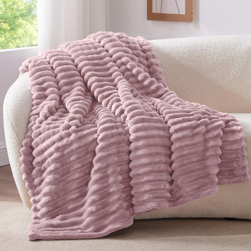 BEDELITE Fleece Throw Blanket for Couch - 300GSM Soft & Warm Fluffy Berry Purple Blanket  Decorative and Giftable Striped Blankets for Women  Men  50""x60"" - Image 3