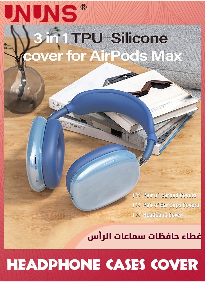 UNUNS - 3 In 1 Silicone Case Cover For AirPods Max Headphones,Clear Soft TPU Ear Cups Cover/Ear Pad Case Cover/Headband Cover For AirPods Max,Transparent Accessories Silicone Headphones Protector,Blue - Image 1