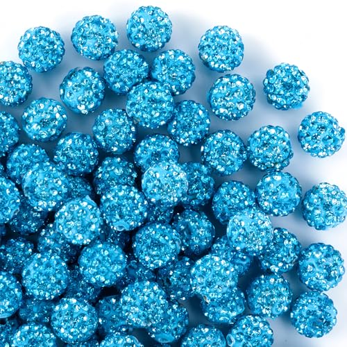 Jukercici 10mm Clay Rhinestone Beads for Bracelets 100 Pcs Sparkle Crystal Beads for Jewelry Making Glitter Round Shamballa Disco Ball Design for DIY Crafts Necklace Earrings Decoration Aquamarine - Image 1