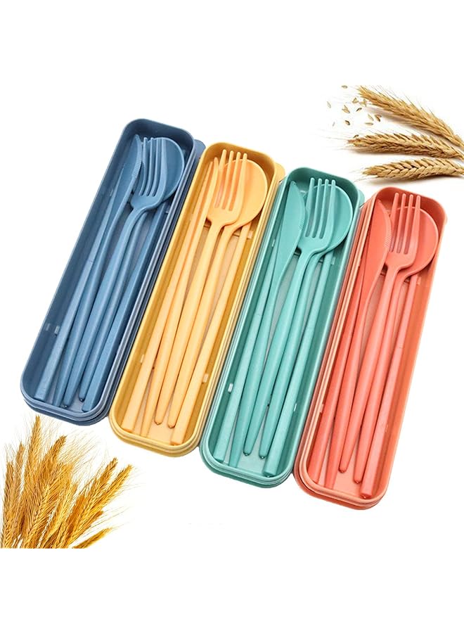 S-TOP Wheat Straw Cutlery, 4 Sets Portable Cutlery Set, Reusable Travel Flatware Set, for Lunch Boxes Workplace Camping School Picnic or Daily Use(4 Colors, With Storage Box) - Image 1