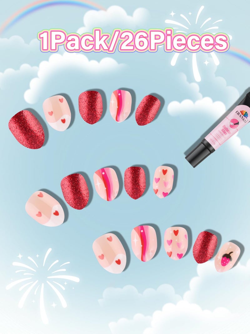 EBANKU 24 Pieces Kid Fake Nail Kit, Almond Press on Nails for Kids Lovely Heart Press on Nail Short Artificial False Nail Kits for Kids Girls - Image 3