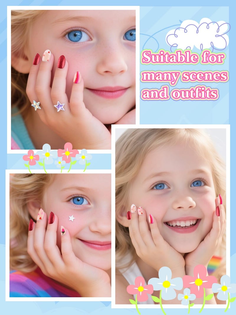 EBANKU 24 Pieces Kid Fake Nail Kit, Almond Press on Nails for Kids Lovely Heart Press on Nail Short Artificial False Nail Kits for Kids Girls - Image 4
