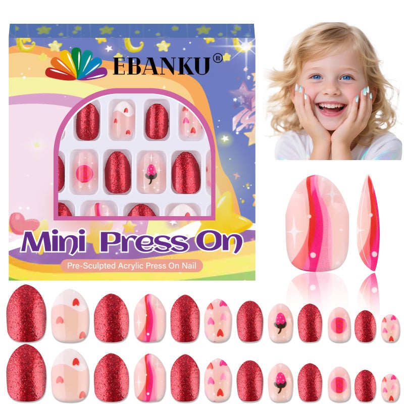 EBANKU 24 Pieces Kid Fake Nail Kit, Almond Press on Nails for Kids Lovely Heart Press on Nail Short Artificial False Nail Kits for Kids Girls - Image 1
