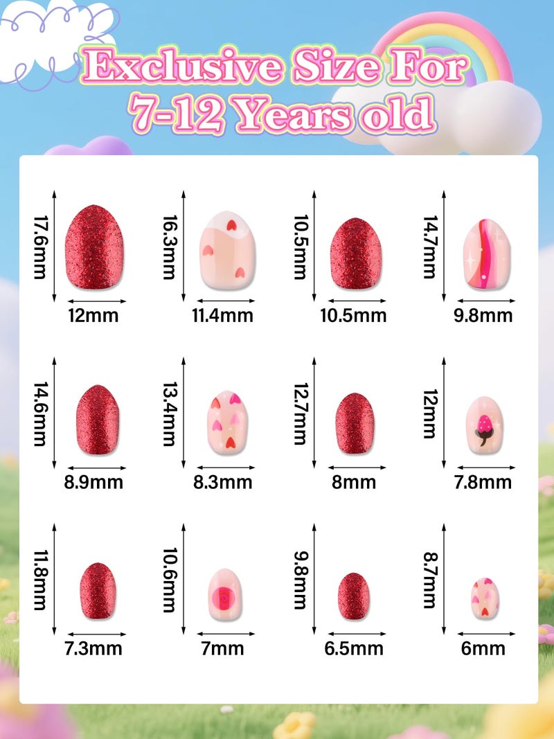EBANKU 24 Pieces Kid Fake Nail Kit, Almond Press on Nails for Kids Lovely Heart Press on Nail Short Artificial False Nail Kits for Kids Girls - Image 2