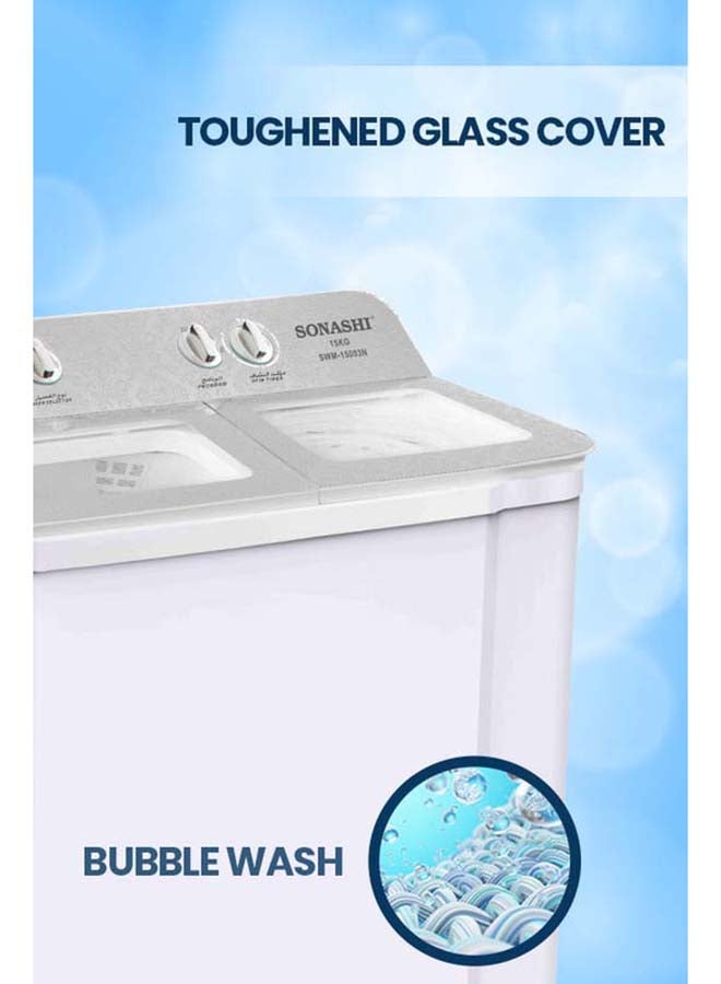 SONASHI 15kg Semi-Automatic Washing Machine - Heavy Duty 500W Wash Power, Toughened Glass Cover, Double Layer Tub, 7kg Spin Capacity, Dual Water Inlet Selection, 200W Spin Power, 220V/50Hz SWM-15003N 500 kW SWM-15003 White - Image 4