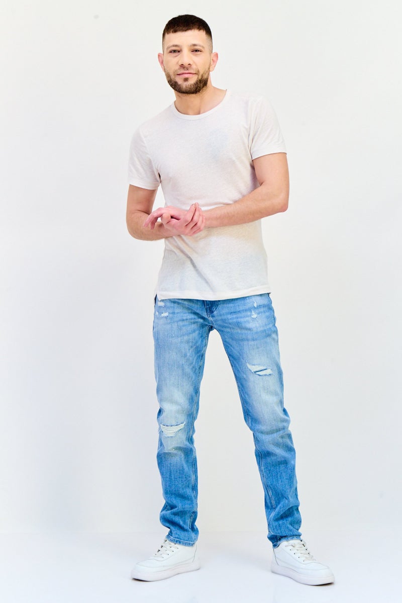 Celio Men Slim Fit Washed Stretchable Straight Leg Jeans, Light Blue  - Image 4