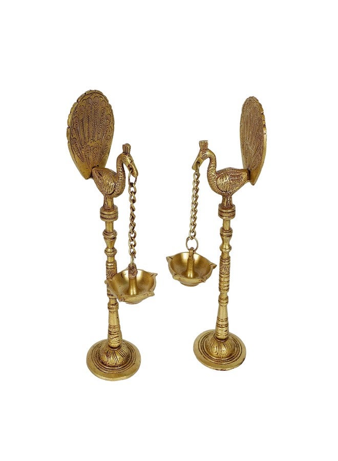Two Moustaches Peacock Design 9 Inches Brass Hanging Diya Pair (Pack of 2), Diyas for Diwali Decoration, Diyas for Home Decor, Diyas for Home/Temple, Antique Yellow, Standard - Image 1