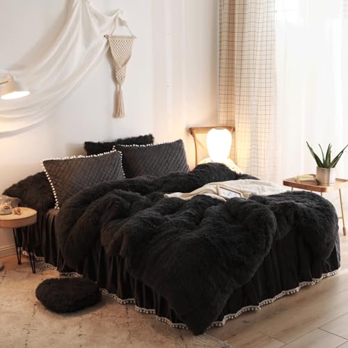 HAIHUA Black Fluffy Comforter Cover Twin，Soft Plush Comforter Set (1 Faux Fur Duvet Cover) Velvet Bedding 1 Pieces Sets,Zipper Closure (Black, Twin) - Image 1
