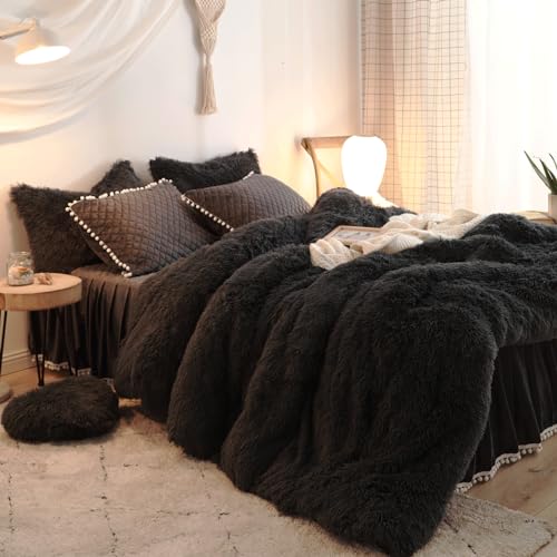 HAIHUA Black Fluffy Comforter Cover Twin，Soft Plush Comforter Set (1 Faux Fur Duvet Cover) Velvet Bedding 1 Pieces Sets,Zipper Closure (Black, Twin) - Image 2