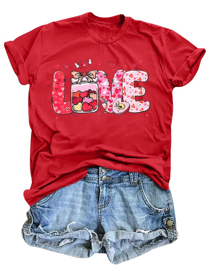 LUKYCILD Valentines Shirt Women Love Heart T-Shirts Funny Love Graphic Tee Casual Crewneck Short Sleeve Tops B-red - Image 1