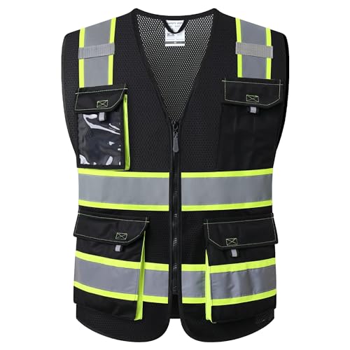 JKSafety سترات السلامة العاكسة عالية الوضوح من JKSafety للرجال والنساء مع جيوب من قماش الشبك (220-أسود XL) - Image 1