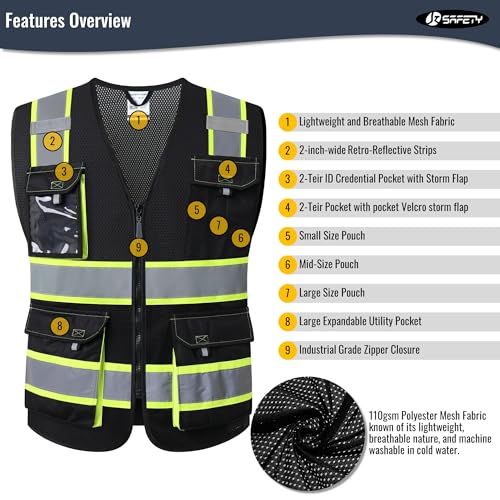 JKSafety سترات السلامة العاكسة عالية الوضوح من JKSafety للرجال والنساء مع جيوب من قماش الشبك (220-أسود XL) - Image 4
