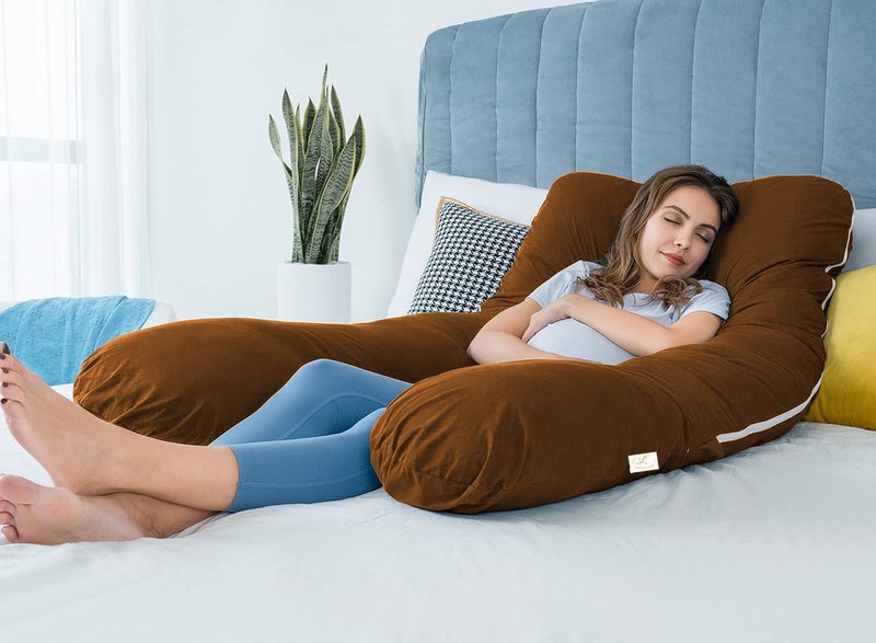 Linenovation Premium Microfiber Ultra Soft U Shaped Pregnancy PillowMaternity PillowBody PillowLumber Zippered CoverBrown