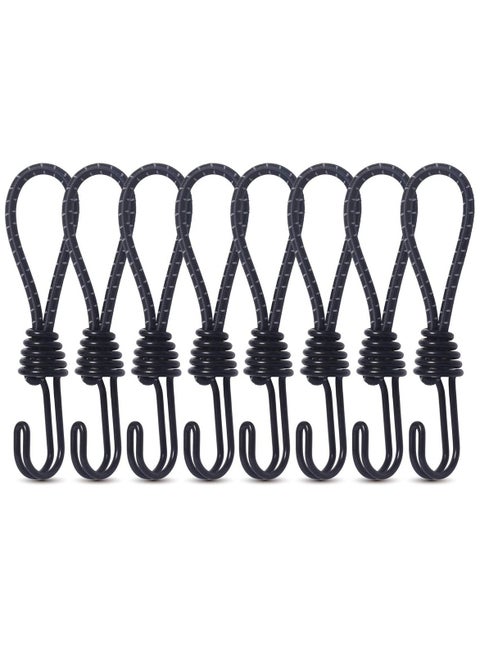 8mm Bungee Cord Hooks, 8 Pack Heavy Duty Spiral Wire Hooks with Separable Reflective Elastic Rope for Camping, Trucks, and Boats, Black