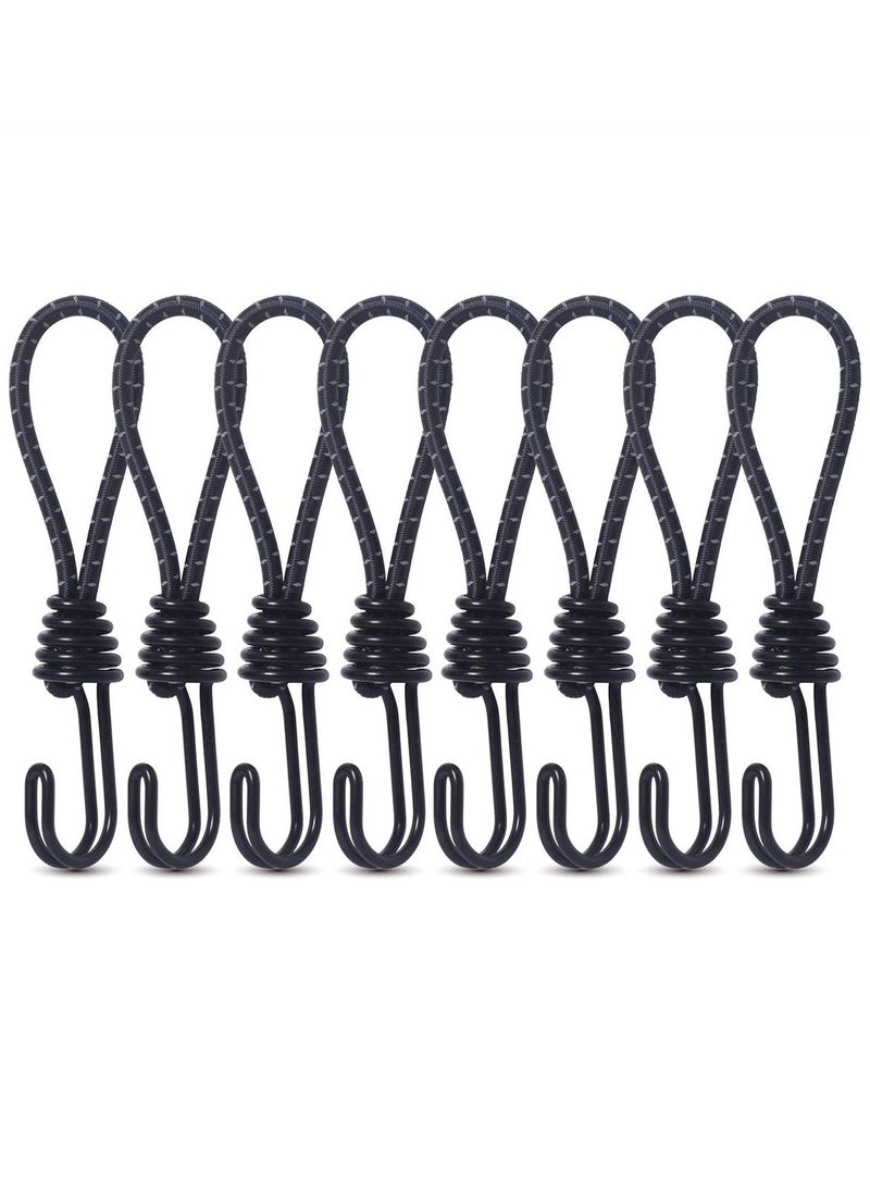 8mm Bungee Cord Hooks, 8 Pack Heavy Duty Spiral Wire Hooks with Separable Reflective Elastic Rope for Camping, Trucks, and Boats, Black