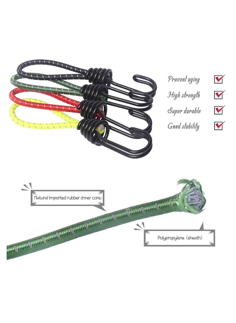 8mm Bungee Cord Hooks, 8 Pack Heavy Duty Spiral Wire Hooks with Separable Reflective Elastic Rope for Camping, Trucks, and Boats, Black