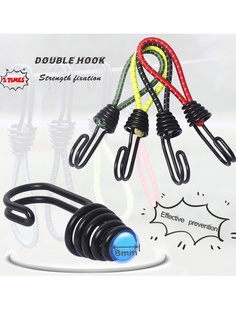 8mm Bungee Cord Hooks, 8 Pack Heavy Duty Spiral Wire Hooks with Separable Reflective Elastic Rope for Camping, Trucks, and Boats, Black