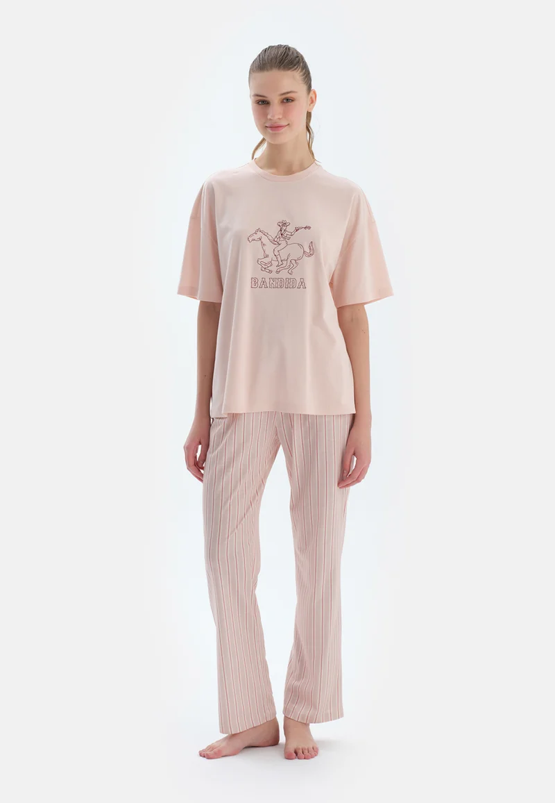 dagi Regular/Classic Fit T-shirt & Trousers Pajama Sets Crew Neck Cotton Blend Sleepwear