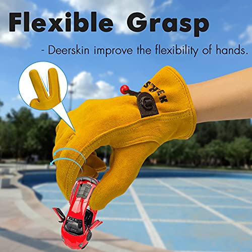 FEISHDEK Kids Work Gloves Age 2-14, Extra Soft Deerskin Suede, Durable, Flexible Toddler Youth Genuine Leather Gloves for Kids Yard Work, Working, Gardening (Medium, Yellow, 5-7 Years Old) - Image 4
