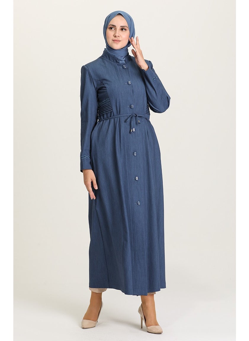 Sefa Merve - Embroidered Waist and Sleeve Abaya 1453-01 Dark Blue - Image 1