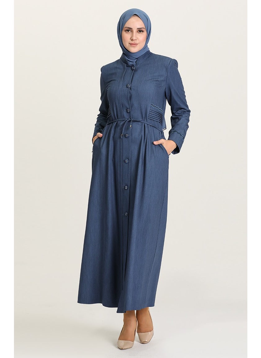 Sefa Merve - Embroidered Waist and Sleeve Abaya 1453-01 Dark Blue - Image 1