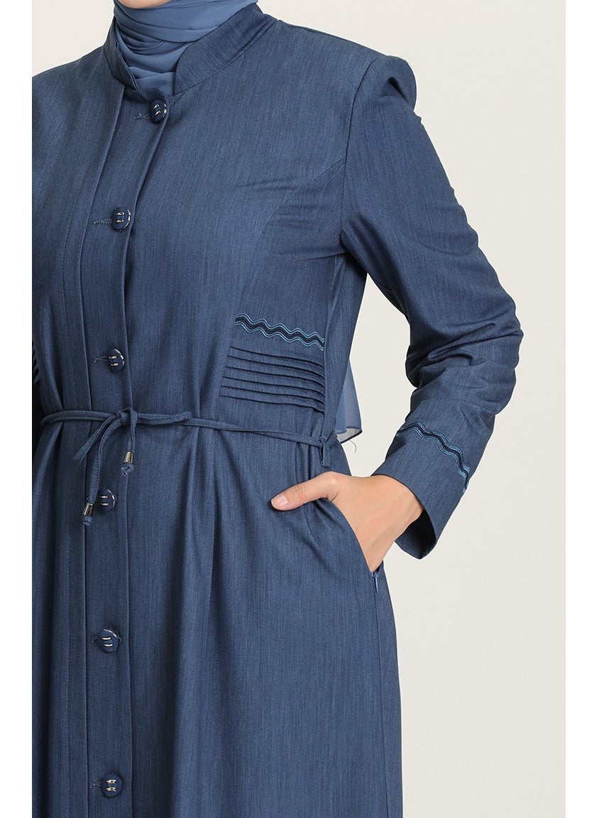 Sefa Merve - Embroidered Waist and Sleeve Abaya 1453-01 Dark Blue - Image 1
