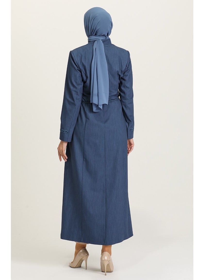 Sefa Merve - Embroidered Waist and Sleeve Abaya 1453-01 Dark Blue - Image 1