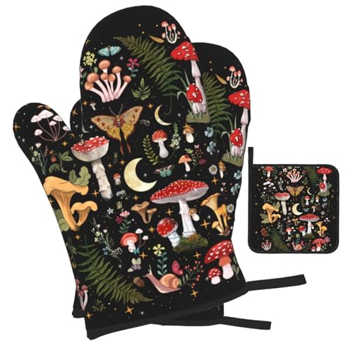 LANAIQO Mushroom Oven Mitts and Pot Holders Sets, Heat Resistant Black Hot Pads Witchy Oven Gloves for Cooking Grilling Baking Kitchen Decor Aesthetic, Witchy Gifts for Women,Mushroom Gifts for Women - Image 2
