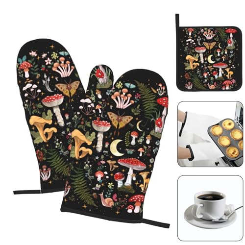 LANAIQO Mushroom Oven Mitts and Pot Holders Sets, Heat Resistant Black Hot Pads Witchy Oven Gloves for Cooking Grilling Baking Kitchen Decor Aesthetic, Witchy Gifts for Women,Mushroom Gifts for Women - Image 3