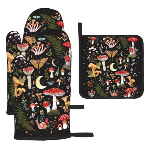 LANAIQO Mushroom Oven Mitts and Pot Holders Sets, Heat Resistant Black Hot Pads Witchy Oven Gloves for Cooking Grilling Baking Kitchen Decor Aesthetic, Witchy Gifts for Women,Mushroom Gifts for Women - Image 1