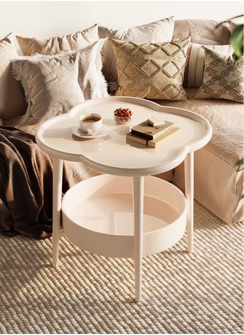 2 Tier Petal Shaped Storage Coffee Table, Small Space Sofa Side Table with Storage Basket, Snack Table, Bedroom Bedside Storage Round Table, End Table, for Living Room Bedroom Office Balcony