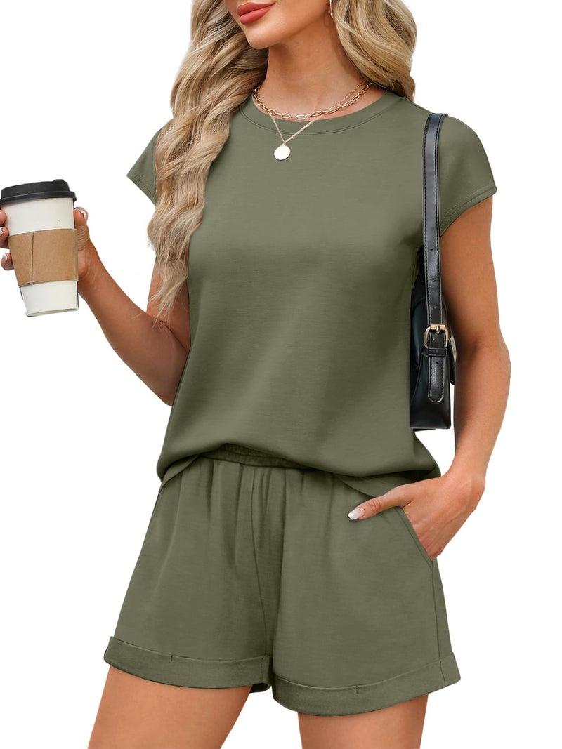WIHOLL Lounge Sets for Women Spring Outfits Cap Sleeve Track Suits Short Pants Lounge Set Summer Beach Vacation Clothes Fashion Break Travel Airport Outfits Army Green S - Image 2