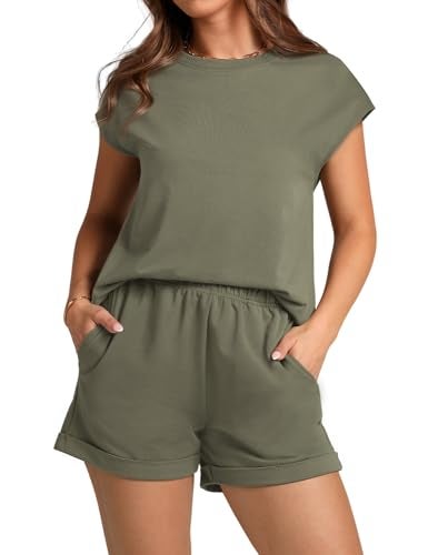 WIHOLL Lounge Sets for Women Spring Outfits Cap Sleeve Track Suits Short Pants Lounge Set Summer Beach Vacation Clothes Fashion Break Travel Airport Outfits Army Green S - Image 3