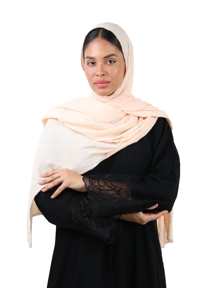 Crinkle Cotton Mix Scarf with Lace Trim & Shimmer (Soft Peach)