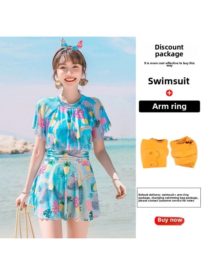 Loquat Parent-child Swimsuit Mother And Daughter One-piece Dress Swimsuit Girl Middle And Big Children Princess Cute Western Style Girl Swimsuit-Color:Adult Blue + Arm Ring- - Image 1
