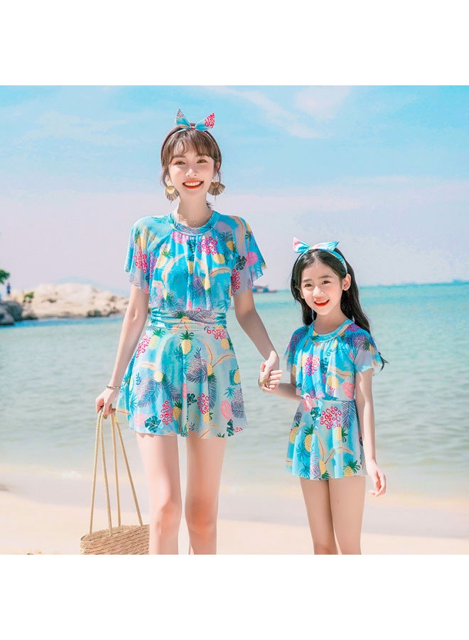 Loquat Parent-child Swimsuit Mother And Daughter One-piece Dress Swimsuit Girl Middle And Big Children Princess Cute Western Style Girl Swimsuit-Color:Adult Blue + Arm Ring- - Image 3