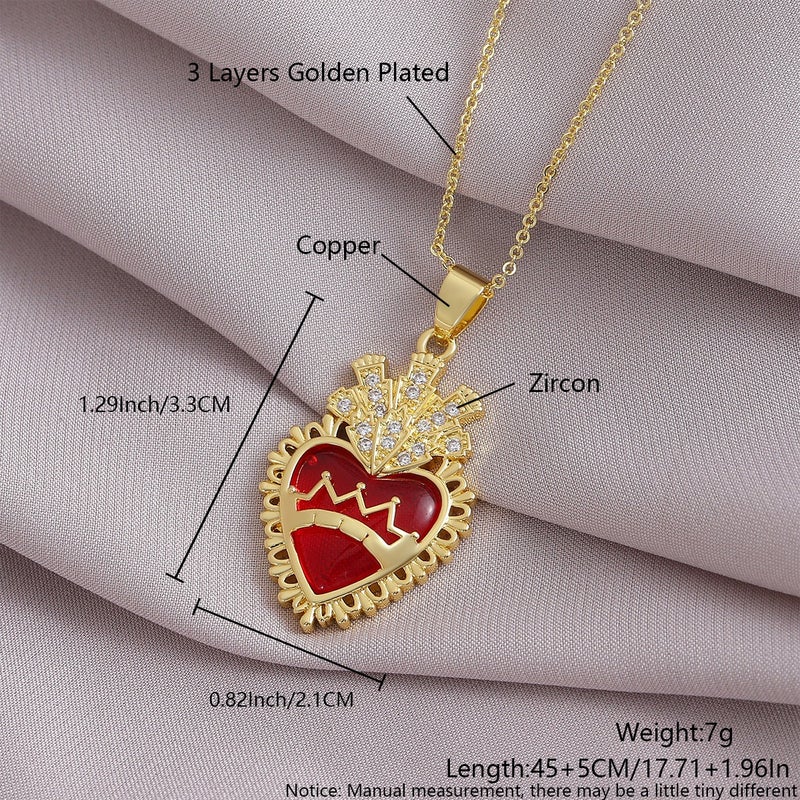 Red Heart Zircon Cross Crown Pendant Necklace for Women, Copper Gold Plated, Fashion Choker Chain - Gold Plated Heart Crown NZ06-3