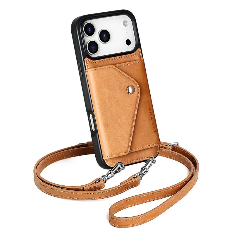 LUCKYCOIN Crossbody Wallet Phone Case for iPhone 17 Pro Max, Genuine Phone Case with Expandable Wallet Card Holder & Adjustable Removable Crossbody Strap, Phone Purse with Card Slot - Retro Brown - Image 1