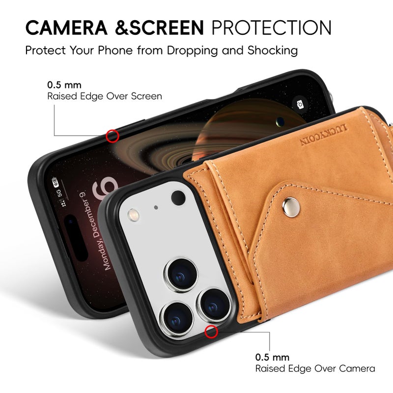 LUCKYCOIN Crossbody Wallet Phone Case for iPhone 17 Pro Max, Genuine Phone Case with Expandable Wallet Card Holder & Adjustable Removable Crossbody Strap, Phone Purse with Card Slot - Retro Brown - Image 3