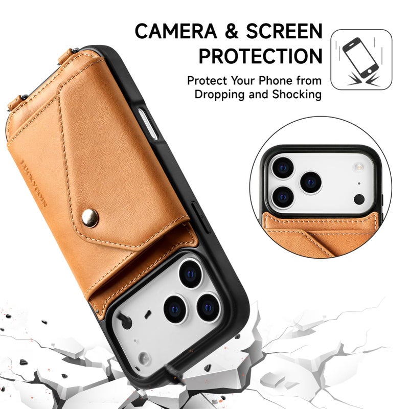LUCKYCOIN Crossbody Wallet Phone Case for iPhone 17 Pro Max, Genuine Phone Case with Expandable Wallet Card Holder & Adjustable Removable Crossbody Strap, Phone Purse with Card Slot - Retro Brown - Image 2