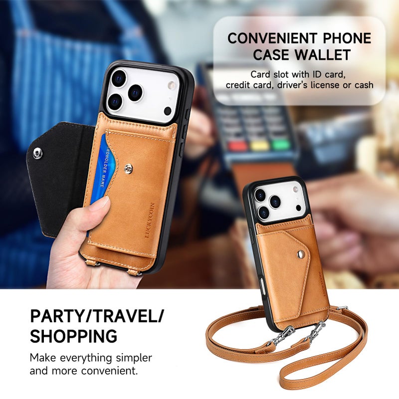 LUCKYCOIN Crossbody Wallet Phone Case for iPhone 17 Pro Max, Genuine Phone Case with Expandable Wallet Card Holder & Adjustable Removable Crossbody Strap, Phone Purse with Card Slot - Retro Brown - Image 4