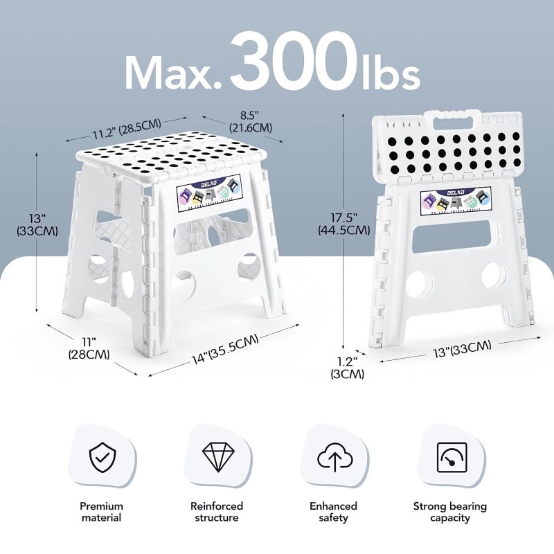 Delxo 13" Folding Step Stool for Kids and Adults, Non-Slip Foldable Step Stools with Handle,Plastic Portable Folding Stool for Bathroom,Bedroom,Kitchen,Hold up to 300lbs White - Image 2