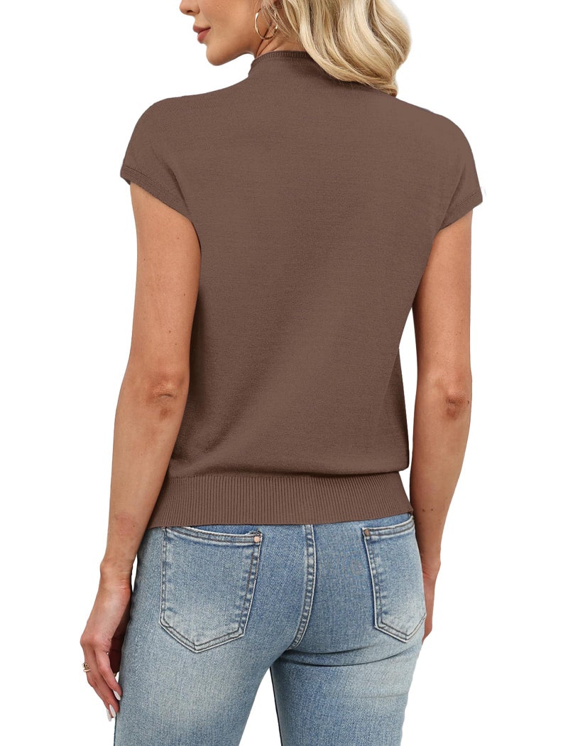 SAMPEEL Womens Tops Cap Short Sleeve Sweater Basic Summer Tops Mock Neck T Shirts Dressy Business Casual Outfits Work 2026 Trendy Travel Airport Teacher Outfits Sleeveless Spring Blouses Coffee S - Image 5