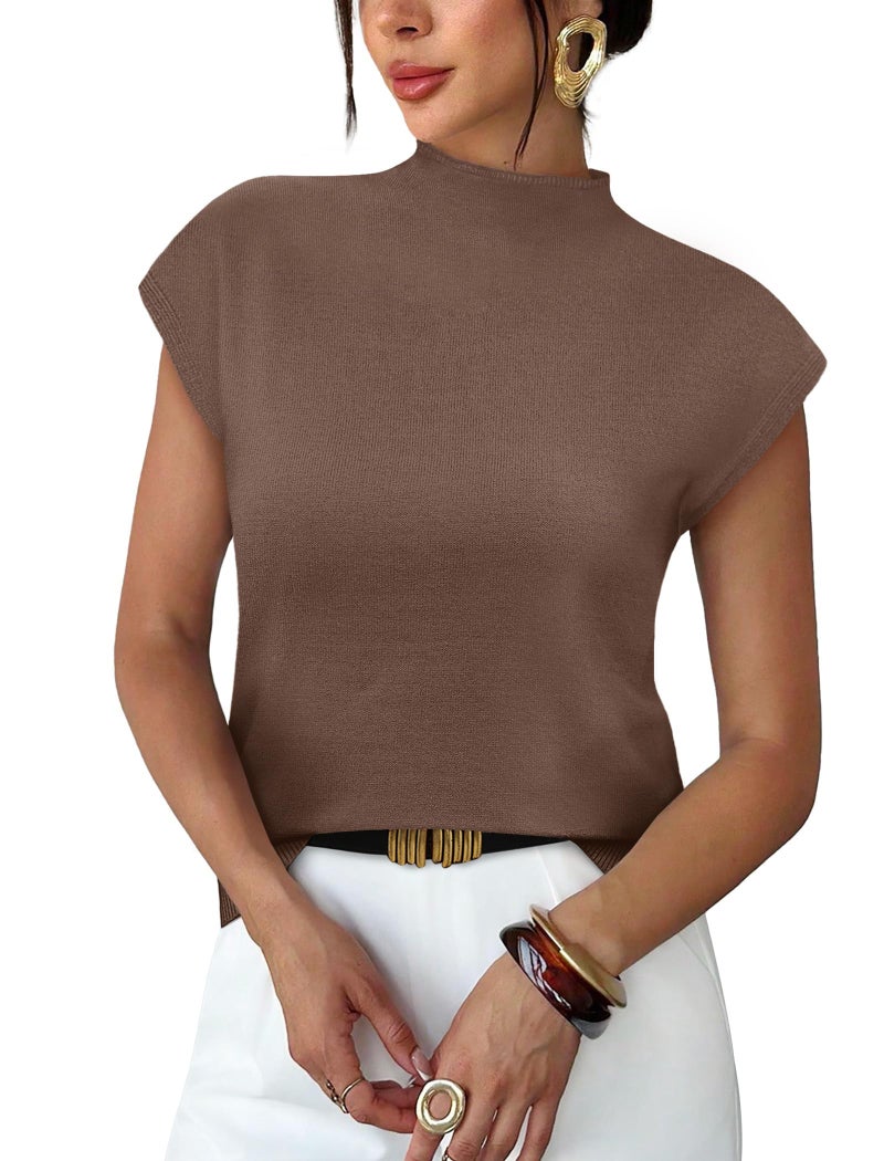 SAMPEEL Womens Tops Cap Short Sleeve Sweater Basic Summer Tops Mock Neck T Shirts Dressy Business Casual Outfits Work 2026 Trendy Travel Airport Teacher Outfits Sleeveless Spring Blouses Coffee S - Image 1