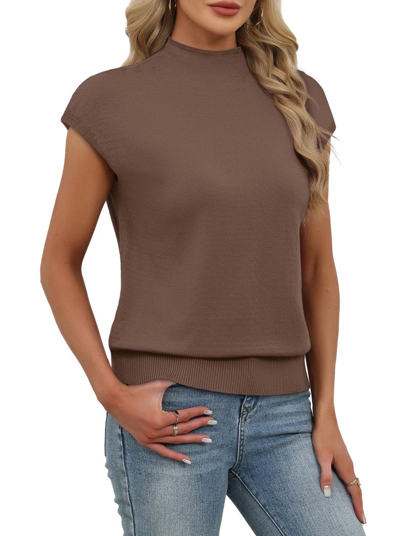 SAMPEEL Womens Tops Cap Short Sleeve Sweater Basic Summer Tops Mock Neck T Shirts Dressy Business Casual Outfits Work 2026 Trendy Travel Airport Teacher Outfits Sleeveless Spring Blouses Coffee S - Image 4