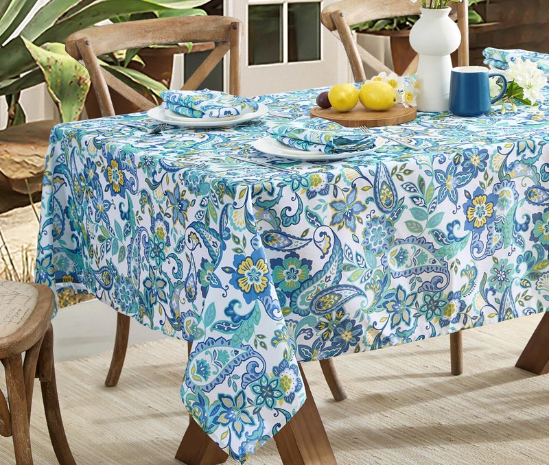 Newbridge Rectangle Fabric Tablecloth Corfu Mediterranean Blue Paisley 60 x 102 Inch Indoor Outdoor Stain and Water Resistant Heavy Weight Table Cover Shabby Chic Blue Floral